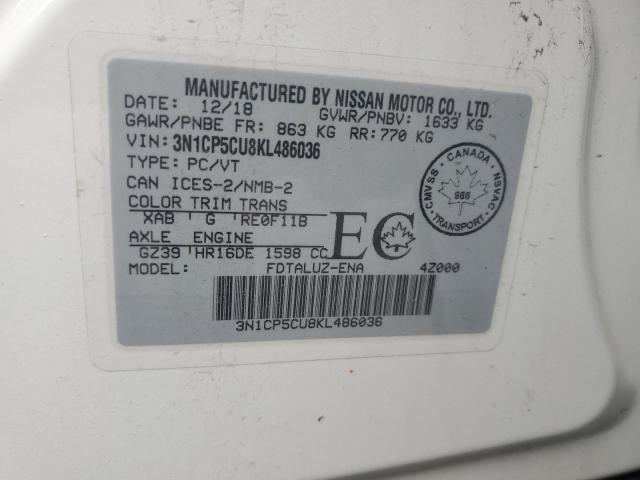 68444065 :رقم المزاد ، 3N1CP5CU8KL486036 vin ، 2019 Nissan Kicks S مزاد بيع