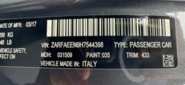 2017 Alfa Romeo Giulia Ti მანქანა იყიდება აუქციონზე, vin: ZARFAEEN9H7544398, აუქციონის ნომერი: 69351015