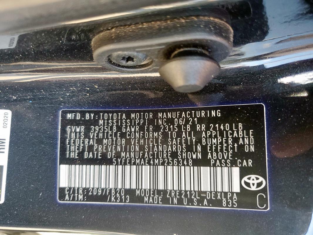 Aukcja sprzedaży 2021 Toyota Corolla Le, vin: 5YFEPMAE4MP256348, numer aukcji: 66455205