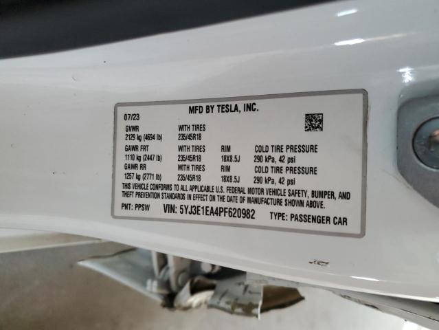 2023 Tesla Model 3 მანქანა იყიდება აუქციონზე, vin: 5YJ3E1EA4PF620982, აუქციონის ნომერი: 70470105