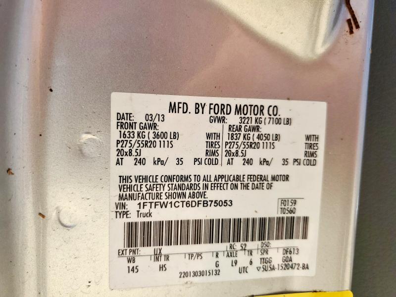70470685 :رقم المزاد ، 1FTFW1CT6DFB75053 vin ، 2013 Ford F150 مزاد بيع