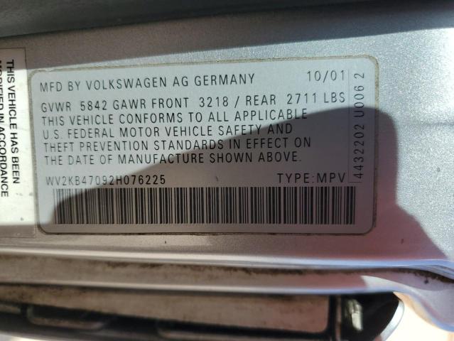 2002 Volkswagen Eurovan Gl მანქანა იყიდება აუქციონზე, vin: WV2KB47092H076225, აუქციონის ნომერი: 70983195