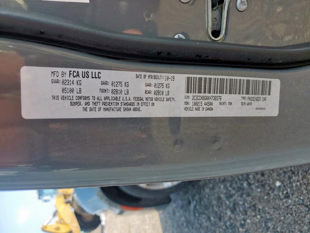 2019 Dodge Charger Sx მანქანა იყიდება აუქციონზე, vin: 2C3CDXBG6KH736576, აუქციონის ნომერი: 70141725