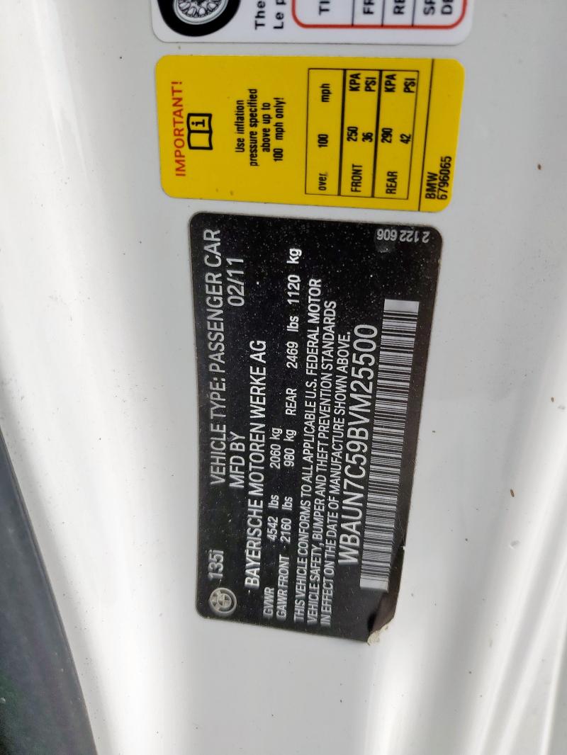 70315635 :رقم المزاد ، WBAUN7C59BVM25500 vin ، 2011 Bmw 135 I مزاد بيع