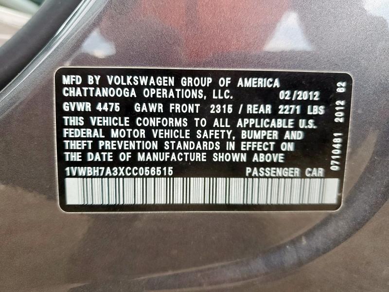 68614255 :رقم المزاد ، 1VWBH7A3XCC056515 vin ، 2012 Volkswagen Passat مزاد بيع