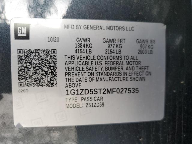2021 Chevrolet Malibu Lt მანქანა იყიდება აუქციონზე, vin: 1G1ZD5ST2MF027535, აუქციონის ნომერი: 68197245