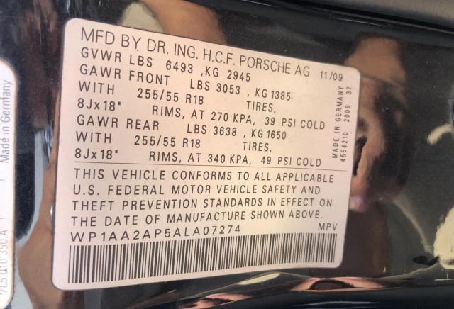 2010 Porsche Cayenne მანქანა იყიდება აუქციონზე, vin: WP1AA2AP5ALA07274, აუქციონის ნომერი: 68574535