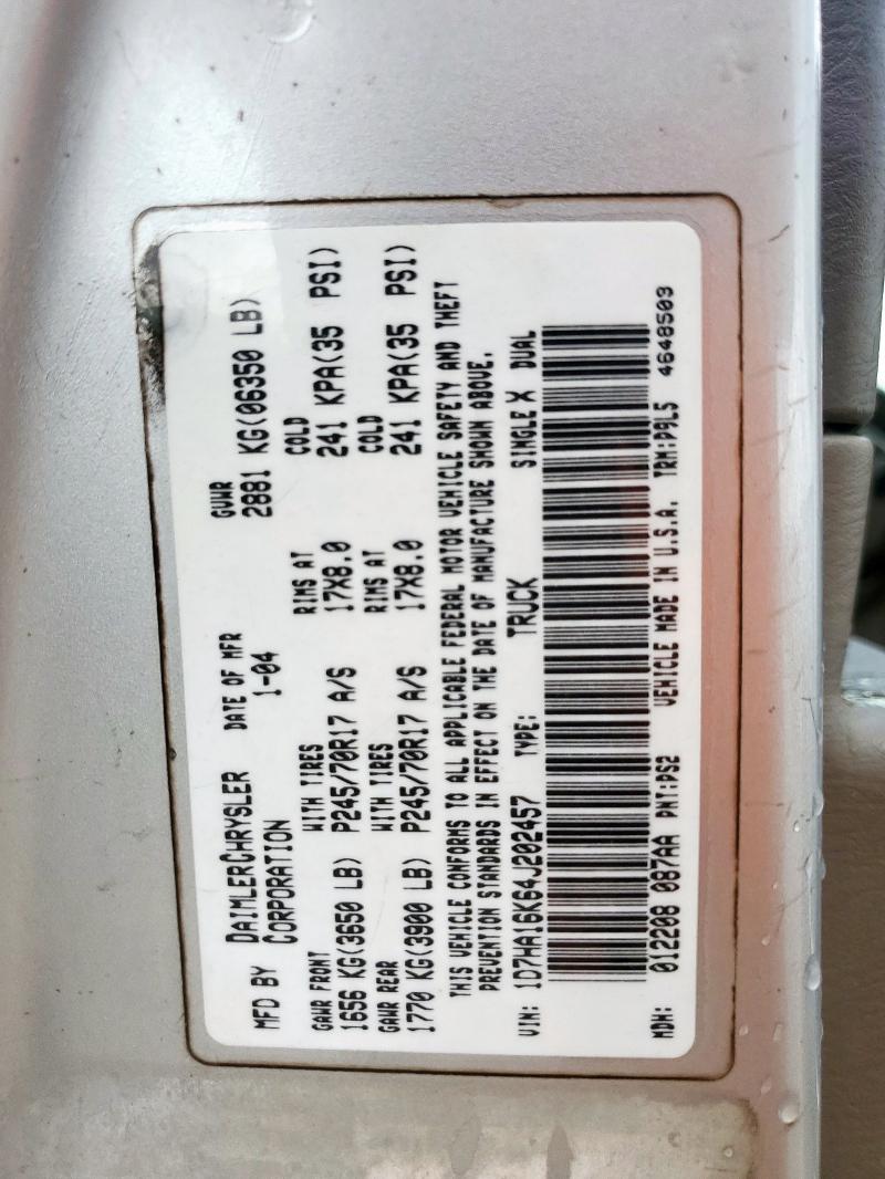 2004 Dodge Ram 1500 St მანქანა იყიდება აუქციონზე, vin: 1D7HA16K64J202457, აუქციონის ნომერი: 68758385