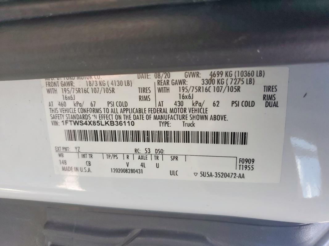 Продаж на аукціоні авто 2020 Ford Transit T-350 Hd, vin: 1FTWS4X85LKB36110, номер лоту: 68861885