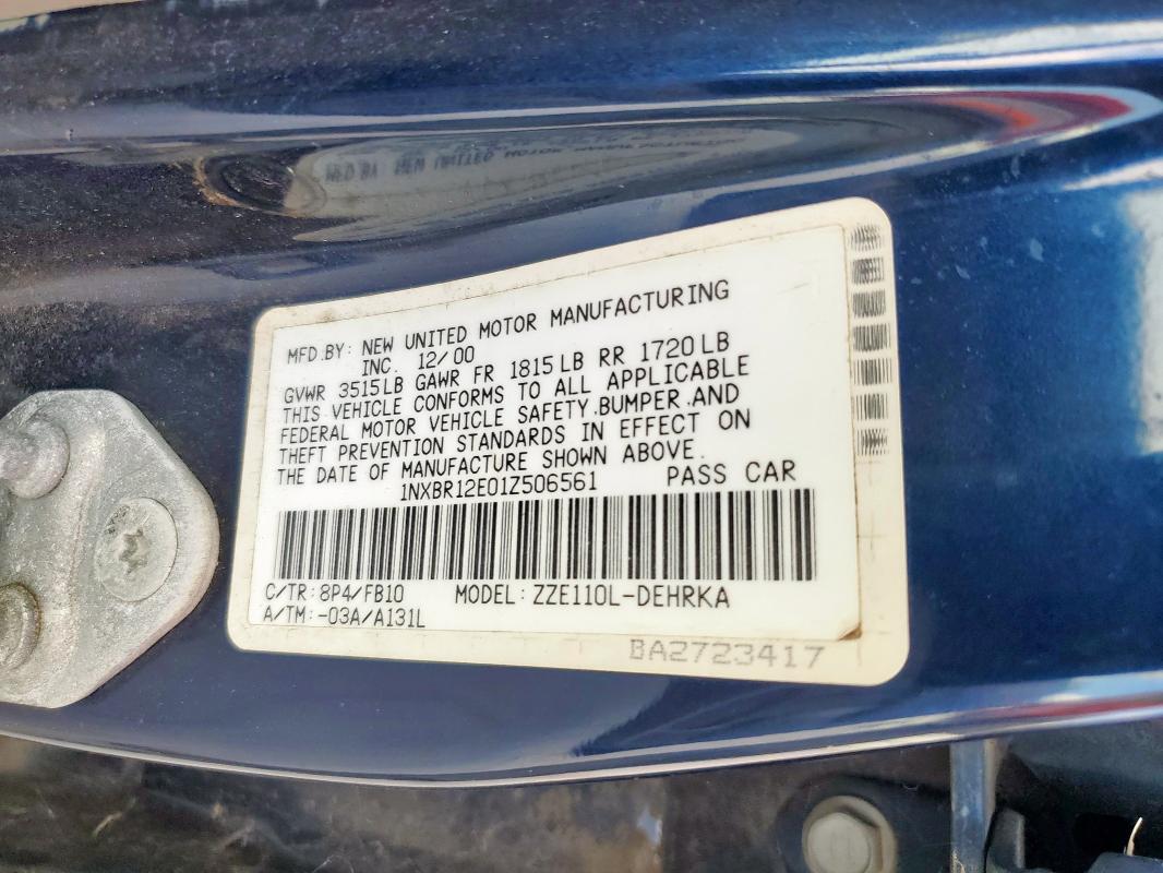 2001 Toyota Corolla მანქანა იყიდება აუქციონზე, vin: 1NXBR12E01Z506561, აუქციონის ნომერი: 68593795