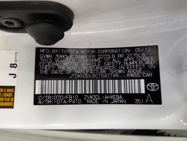 66839745 :رقم المزاد ، JTDKN3DUXC1547199 vin ، 2012 Toyota Prius مزاد بيع