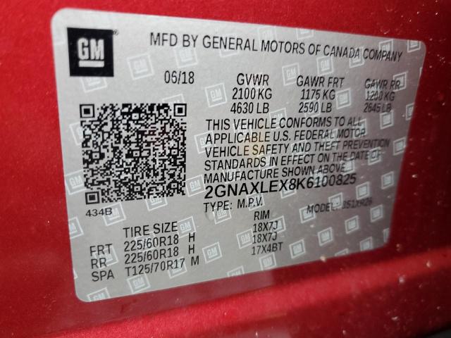 69828945 :رقم المزاد ، 2GNAXLEX8K6100825 vin ، 2019 Chevrolet Equinox مزاد بيع
