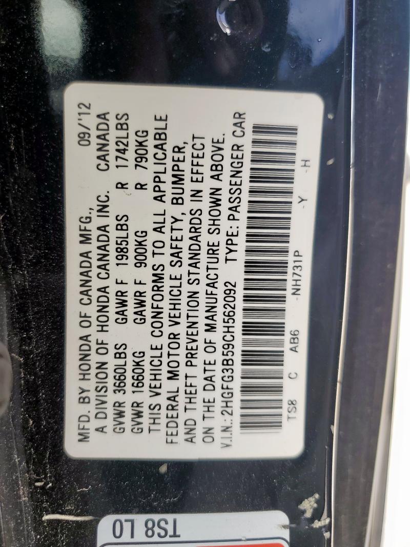 70271155 :رقم المزاد ، 2HGFG3B59CH562092 vin ، 2012 Honda Civic مزاد بيع