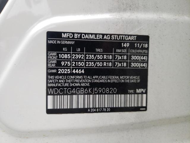 67537625 :رقم المزاد ، WDCTG4GB6KJ590820 vin ، 2019 Mercedes-benz Gla 250 4m مزاد بيع
