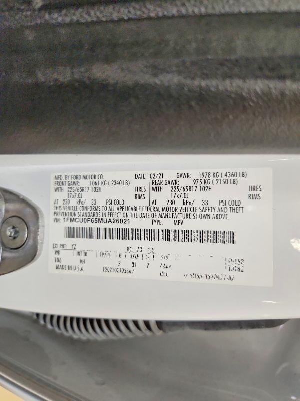 Aukcja sprzedaży 2021 Ford Escape, vin: 1FMCU0F65MUA26021, numer aukcji: 66568156