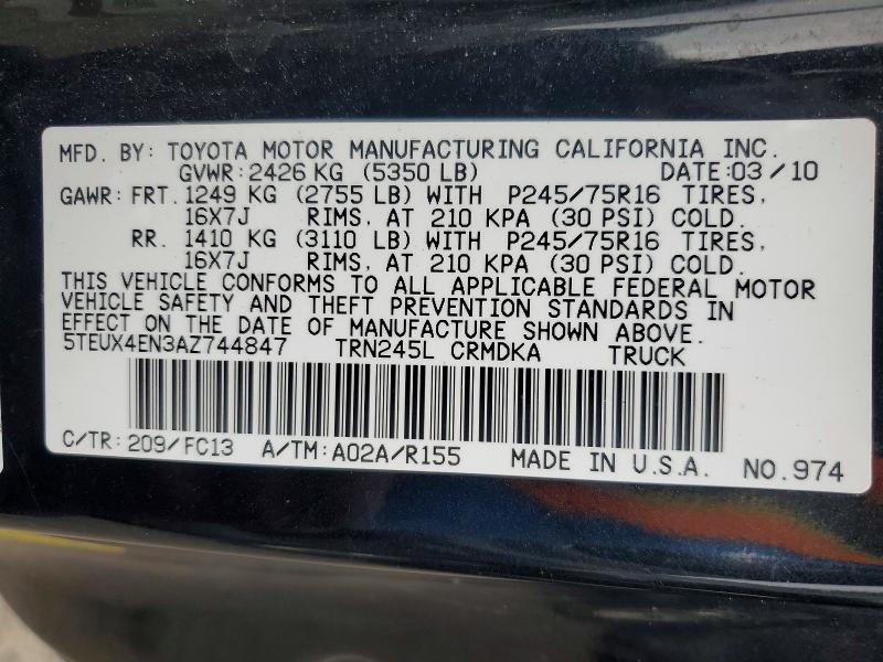 2010 Toyota Tacoma მანქანა იყიდება აუქციონზე, vin: 5TEUX4EN3AZ744847, აუქციონის ნომერი: 67064686