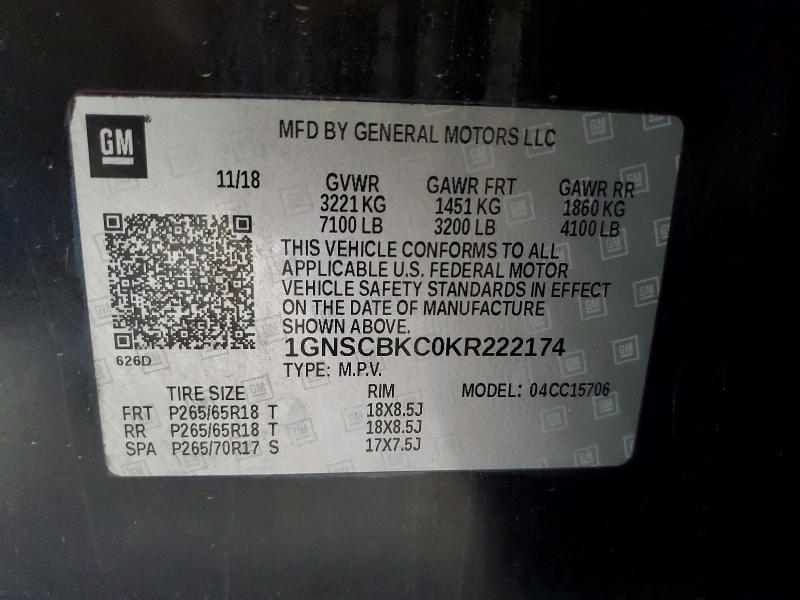 66365356 :رقم المزاد ، 1GNSCBKC0KR222174 vin ، 2019 Chevrolet Tahoe مزاد بيع