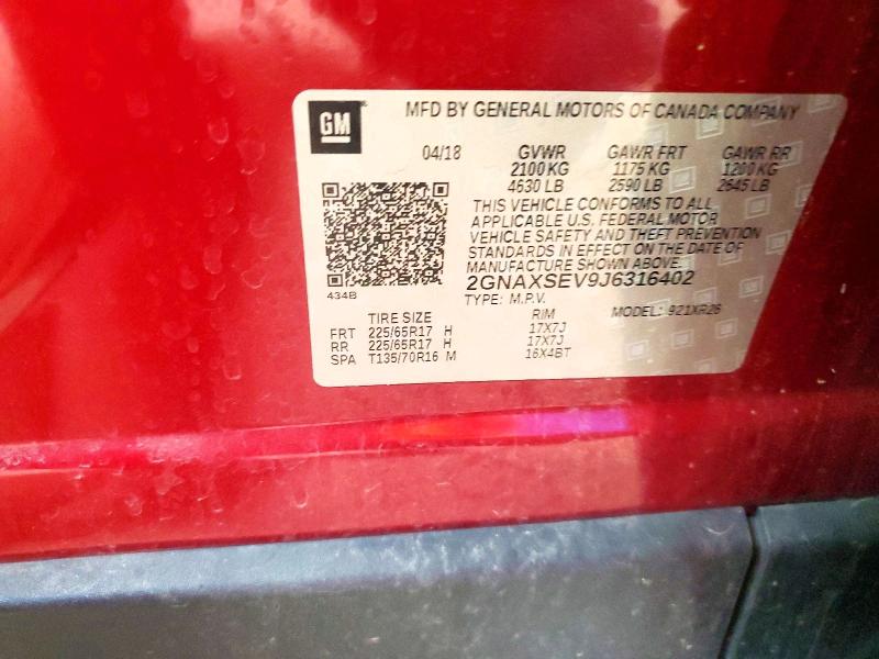 Aukcja sprzedaży 2018 Chevrolet Equinox, vin: 2GNAXSEV9J6316402, numer aukcji: 61481366