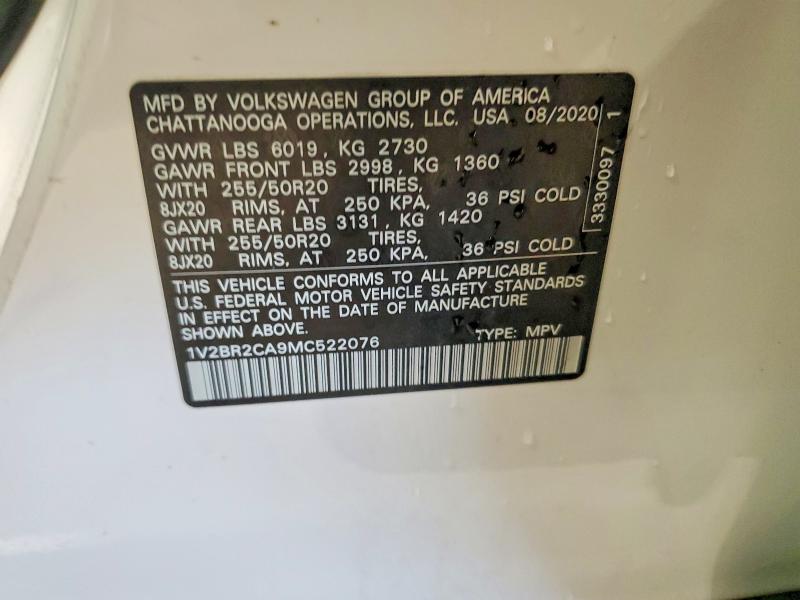63370126 :رقم المزاد ، 1V2BR2CA9MC522076 vin ، 2021 Volkswagen Atlas مزاد بيع