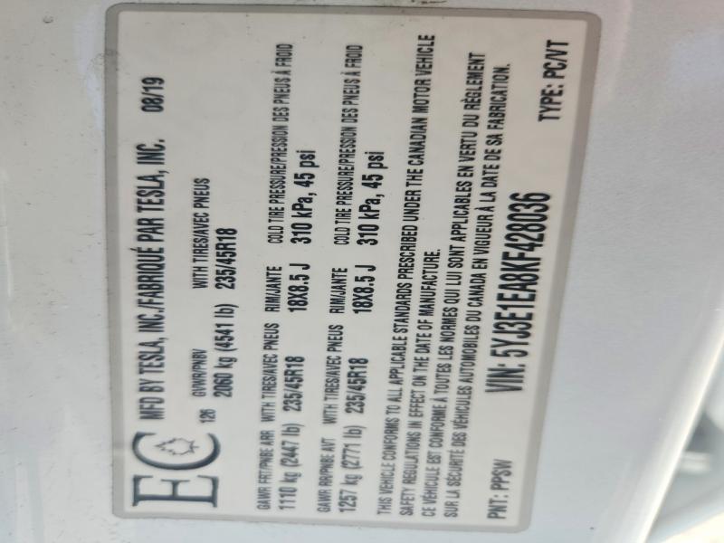2019 Tesla Model 3 მანქანა იყიდება აუქციონზე, vin: 5YJ3E1EA8KF428036, აუქციონის ნომერი: 65093396
