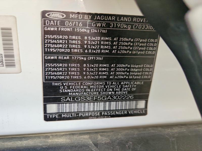 Aukcja sprzedaży 2016 Land Rover Range Rover, vin: SALGS3EF5GA302226, numer aukcji: 64623286