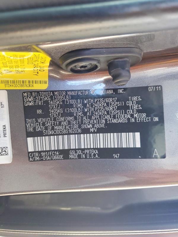Auction sale of the 2011 Toyota Sienna, vin: 5TDKK3DC5BS162036, lot number: 64758966