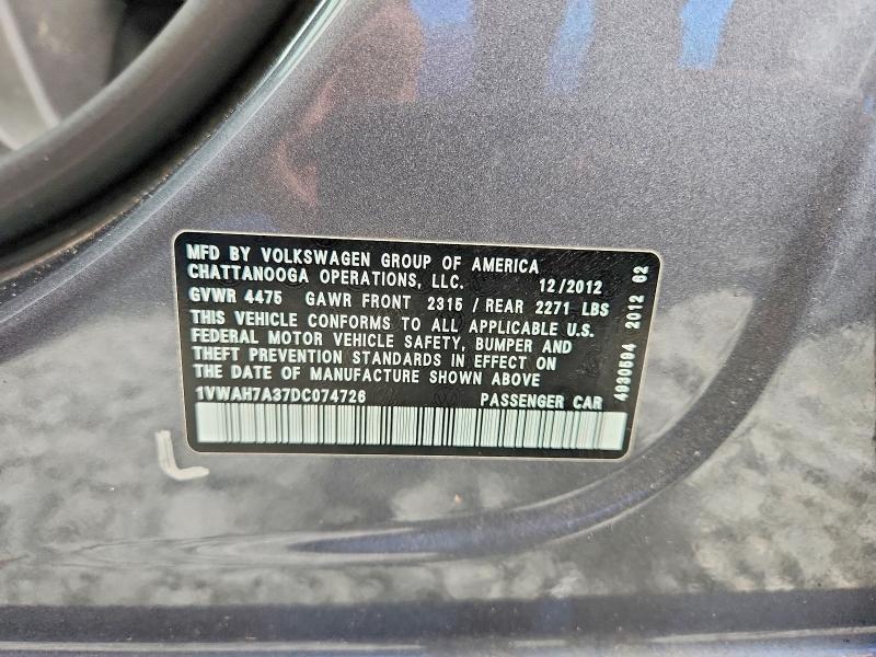 Aukcja sprzedaży 2013 Volkswagen Passat, vin: 1VWAH7A37DC074726, numer aukcji: 63361346