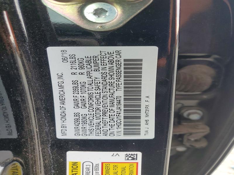 65898746 :رقم المزاد ، 1HGCV1F41JA194470 vin ، 2018 Honda Accord مزاد بيع