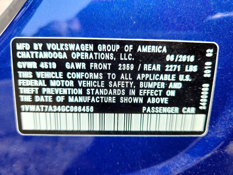 2016 Volkswagen Passat მანქანა იყიდება აუქციონზე, vin: 1VWAT7A34GC066456, აუქციონის ნომერი: 64266726