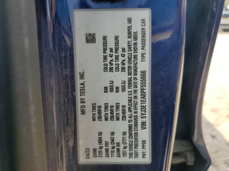 2023 Tesla Model 3 მანქანა იყიდება აუქციონზე, vin: 5YJ3E1EA8PF555666, აუქციონის ნომერი: 63715576