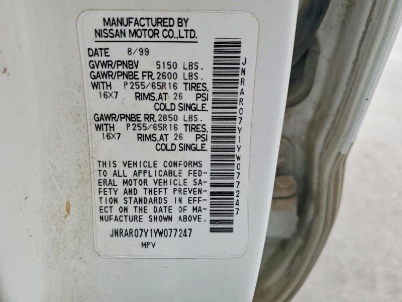 2000 Infiniti Qx4 მანქანა იყიდება აუქციონზე, vin: JNRAR07Y1YW077247, აუქციონის ნომერი: 66191566