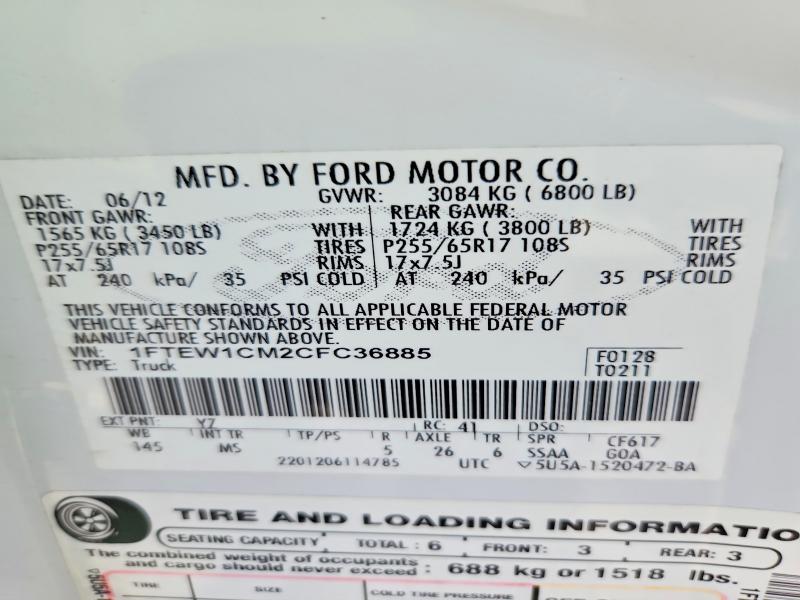 64160566 :رقم المزاد ، 1FTEW1CM2CFC36885 vin ، 2012 Ford F150 مزاد بيع