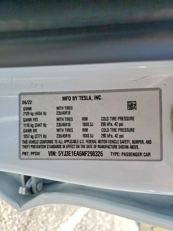 Продажа на аукционе авто 2022 Tesla Model 3, vin: 5YJ3E1EA6NF298326, номер лота: 64289596