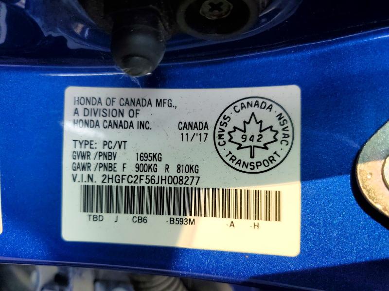 Продажа на аукционе авто 2018 Honda Civic, vin: 2HGFC2F56JH008277, номер лота: 64131356