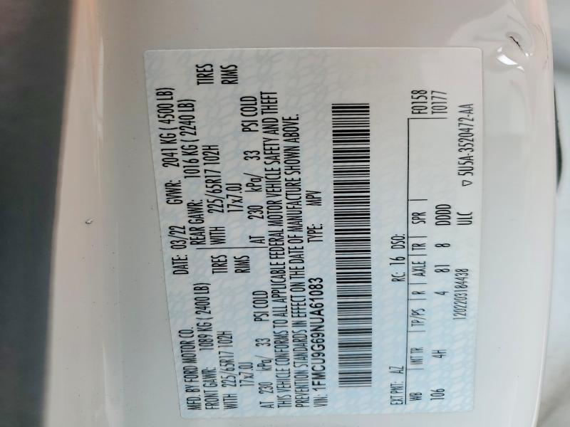 Aukcja sprzedaży 2022 Ford Escape, vin: 1FMCU9G69NUA61083, numer aukcji: 62301516