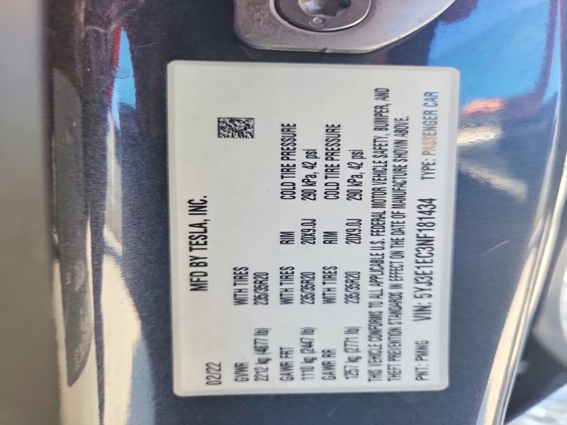 66392236 :رقم المزاد ، 5YJ3E1EC3NF181434 vin ، 2022 Tesla Model 3 مزاد بيع