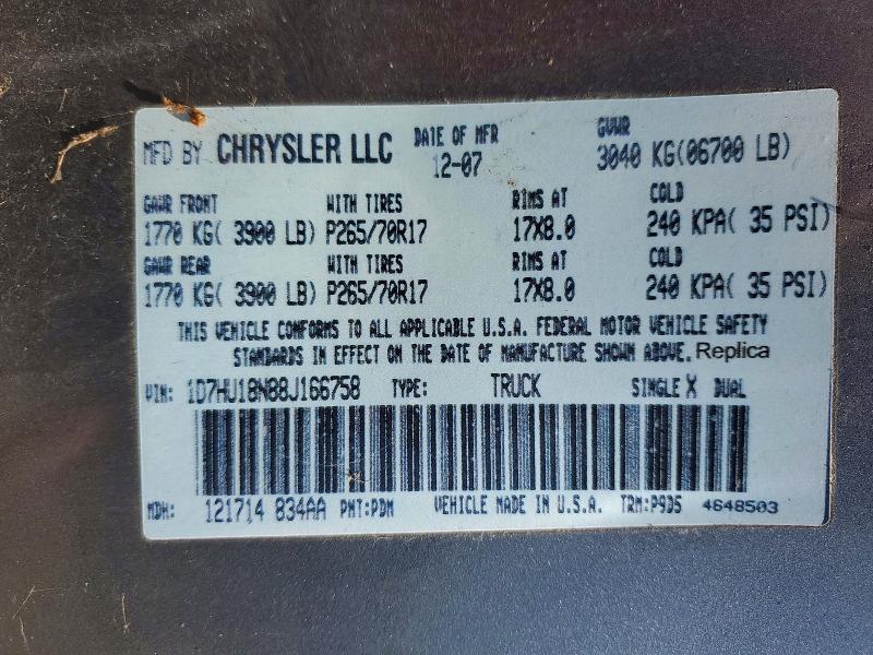 2008 Dodge Ram 1500 მანქანა იყიდება აუქციონზე, vin: 1D7HU18N88J166758, აუქციონის ნომერი: 62381776