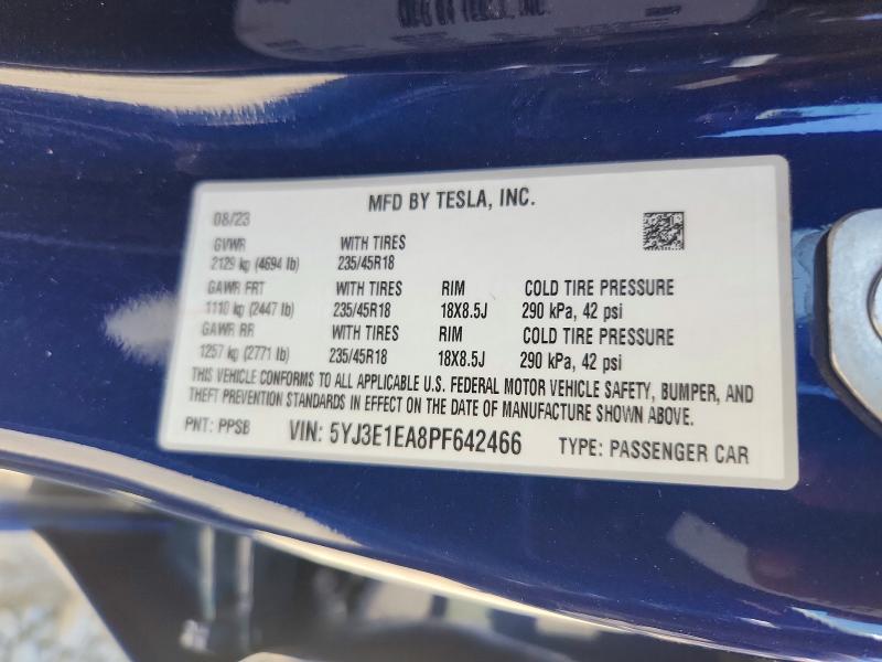 2023 Tesla Model 3 მანქანა იყიდება აუქციონზე, vin: 5YJ3E1EA8PF642466, აუქციონის ნომერი: 63686906