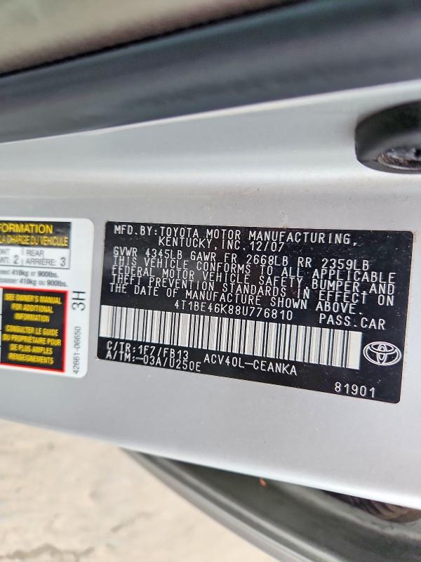 2008 Toyota Camry მანქანა იყიდება აუქციონზე, vin: 4T1BE46K88U776810, აუქციონის ნომერი: 66505896