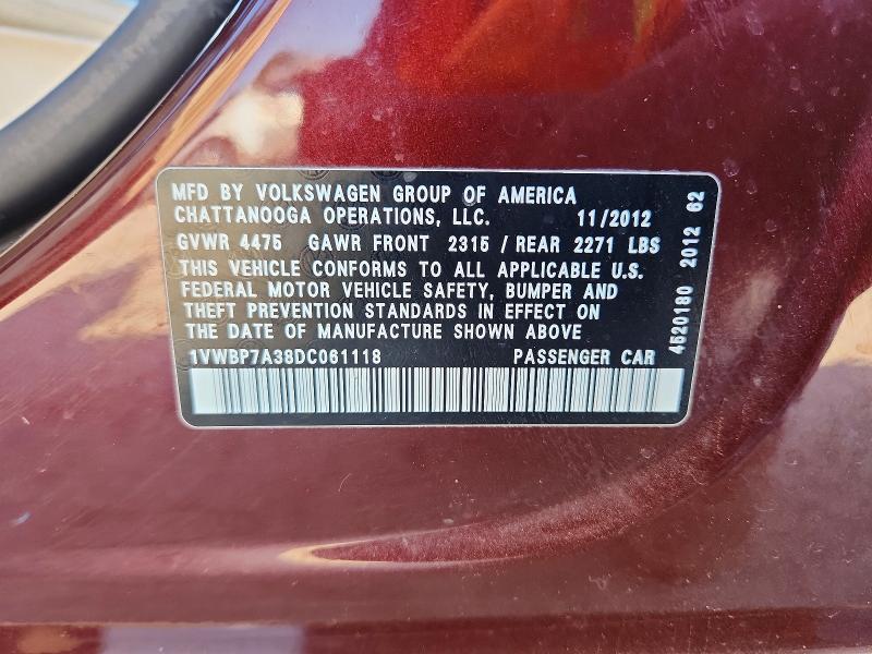 2013 Volkswagen Passat მანქანა იყიდება აუქციონზე, vin: 1VWBP7A38DC061118, აუქციონის ნომერი: 66832016
