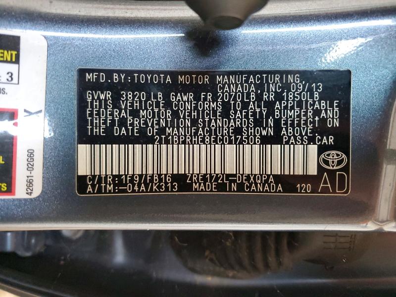 2014 Toyota Corolla მანქანა იყიდება აუქციონზე, vin: 2T1BPRHE8EC017506, აუქციონის ნომერი: 64241256