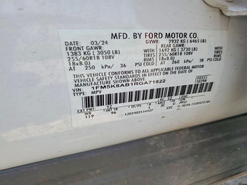 2024 Ford Explorer მანქანა იყიდება აუქციონზე, vin: 1FM5K8AB1RGA71822, აუქციონის ნომერი: 63600536