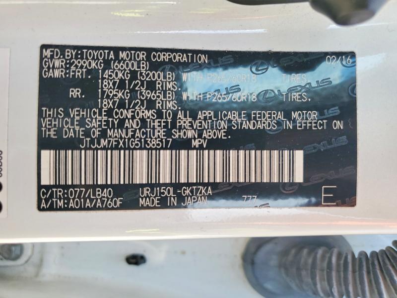 67071836 :رقم المزاد ، JTJJM7FX1G5138517 vin ، 2016 Lexus Gx مزاد بيع