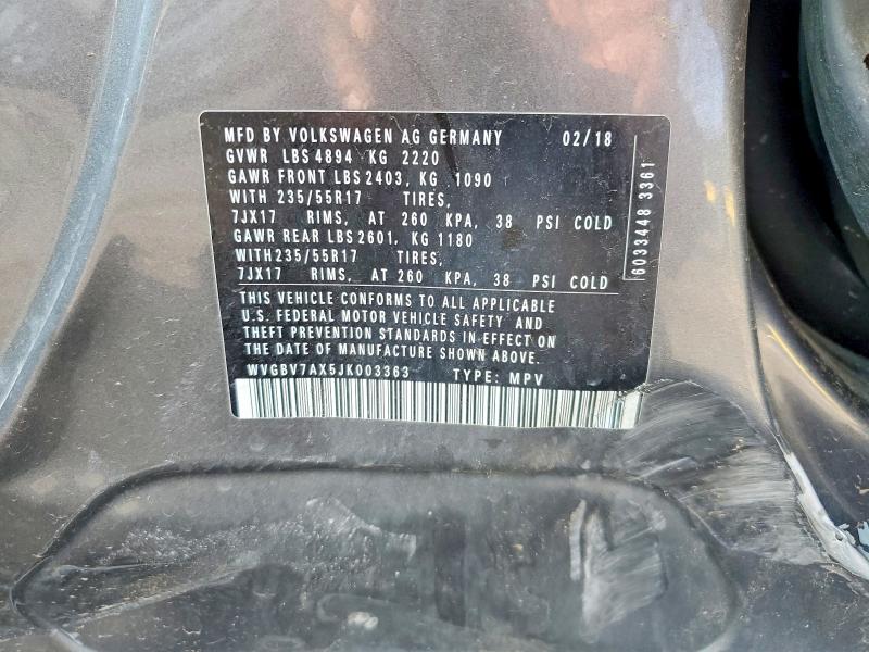 2018 Volkswagen Tiguan Limited მანქანა იყიდება აუქციონზე, vin: WVGBV7AX5JK003363, აუქციონის ნომერი: 63233776