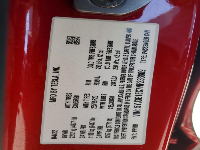 2022 Tesla Model 3 მანქანა იყიდება აუქციონზე, vin: 5YJ3E1EC7NF233809, აუქციონის ნომერი: 66088356