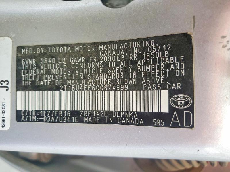 2012 Toyota Corolla მანქანა იყიდება აუქციონზე, vin: 2T1BU4EE6CC874999, აუქციონის ნომერი: 63750216