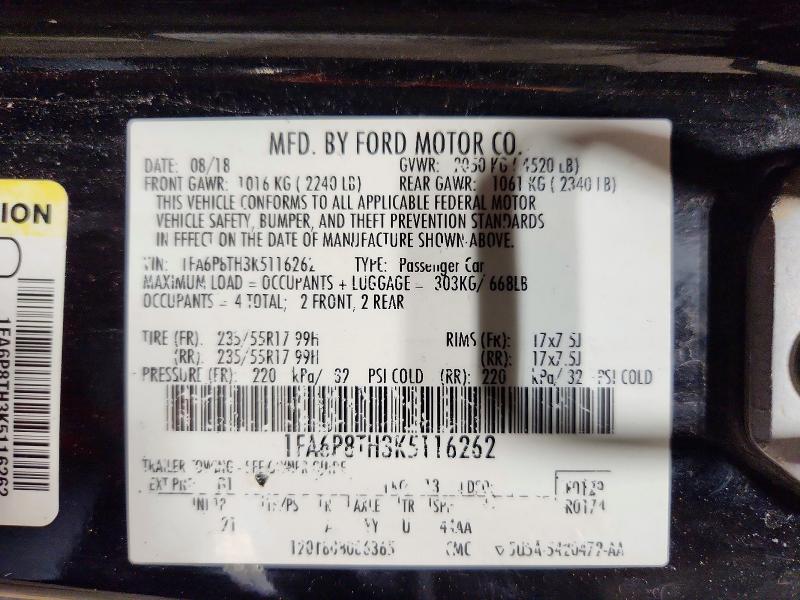 63401106 :رقم المزاد ، 1FA6P8TH3K5116262 vin ، 2019 Ford Mustang مزاد بيع