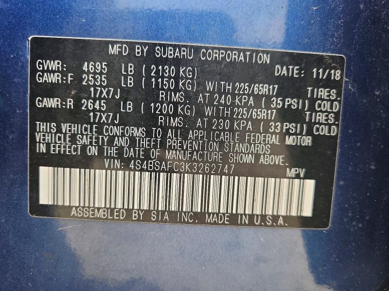 64749026 :رقم المزاد ، 4S4BSAFC3K3262747 vin ، 2019 Subaru Outback مزاد بيع