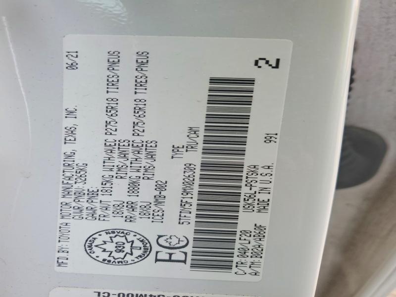 64836596 :رقم المزاد ، 5TFDY5F19MX026309 vin ، 2021 Toyota Tundra مزاد بيع