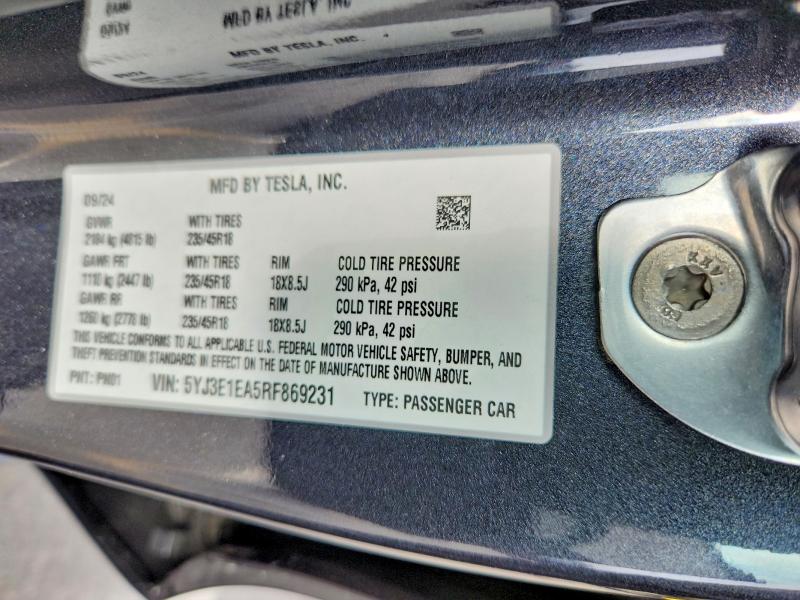 Aukcja sprzedaży 2024 Tesla Model 3, vin: 5YJ3E1EA5RF869231, numer aukcji: 63702496